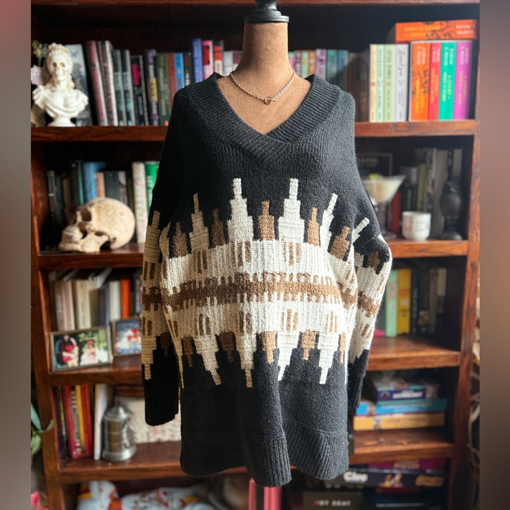 Black and Brown Oversized V-Neck Sweater